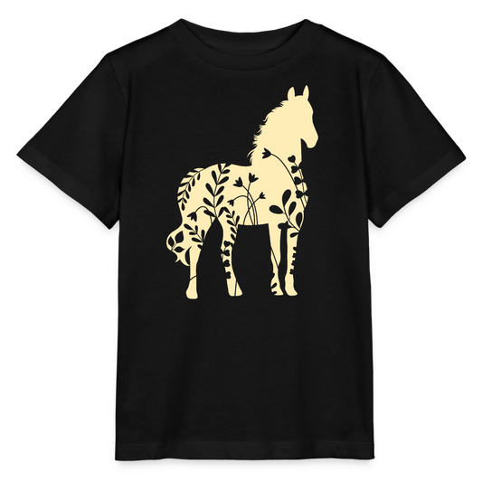 Gelbes Blumen Pferd - Kinder Bio T-Shirt - Schwarz