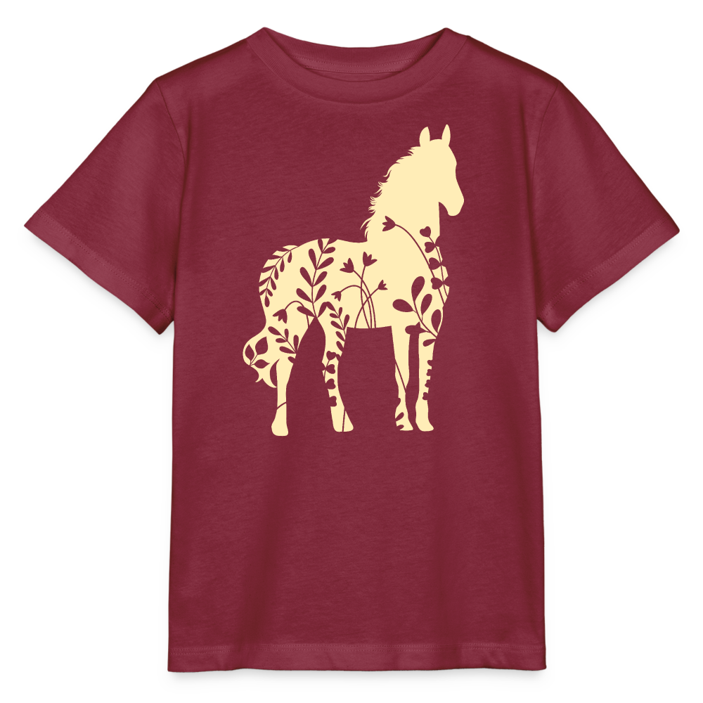 Gelbes Blumen Pferd - Kinder Bio T-Shirt - Burgunderrot