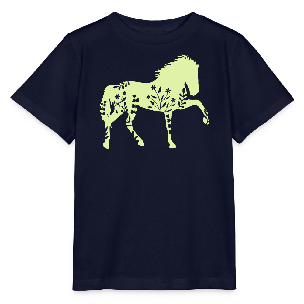 Grünes Blumen Pferd - Kinder Bio T-Shirt - Navy
