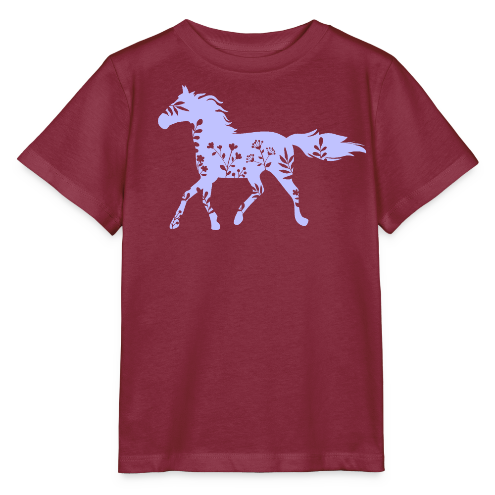 Lila Blumen Pferd - Kinder T-Shirt - Burgunderrot