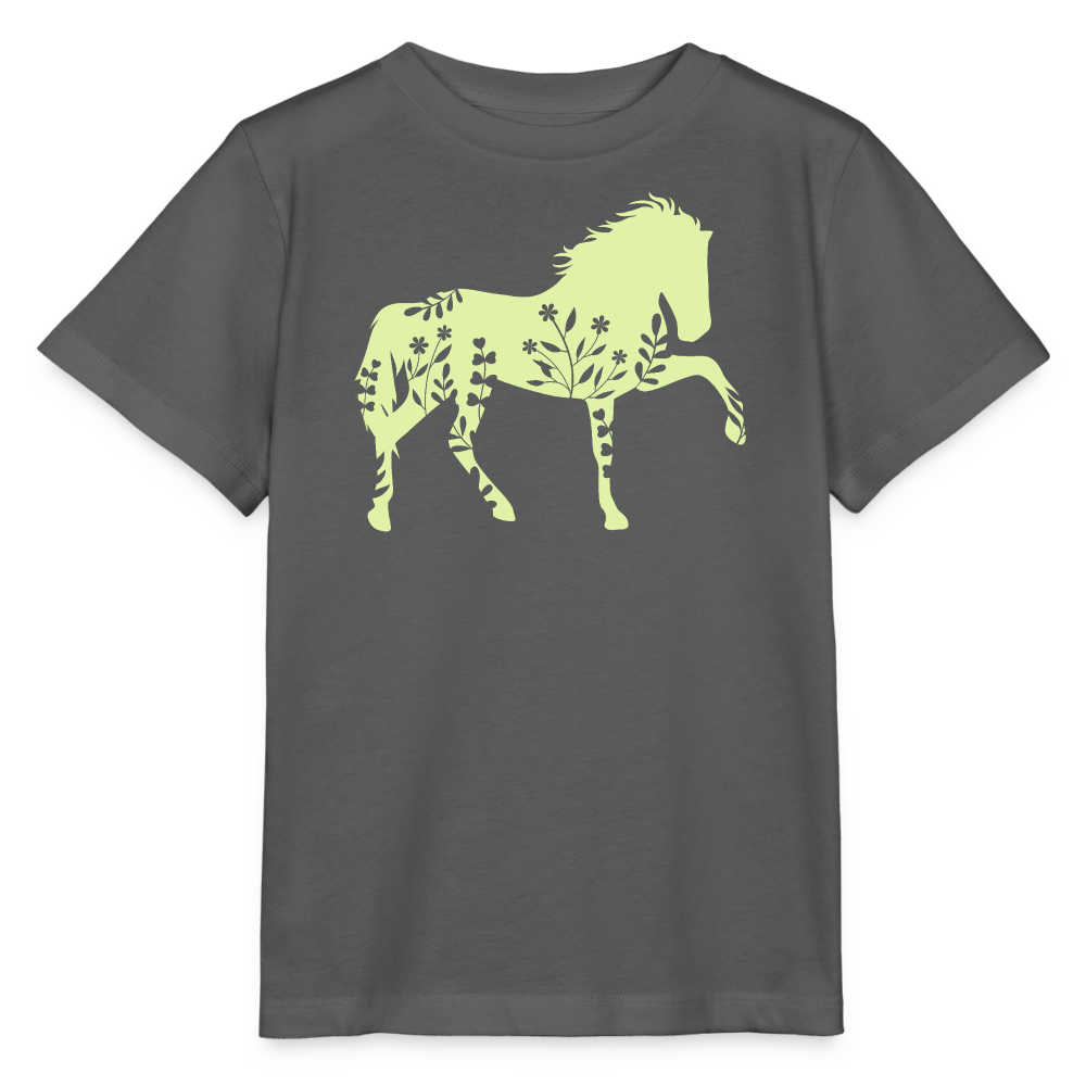 Grünes Blumen Pferd - Kinder Bio T-Shirt - Anthrazit