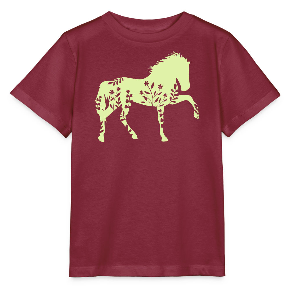 Grünes Blumen Pferd - Kinder Bio T-Shirt - Burgunderrot