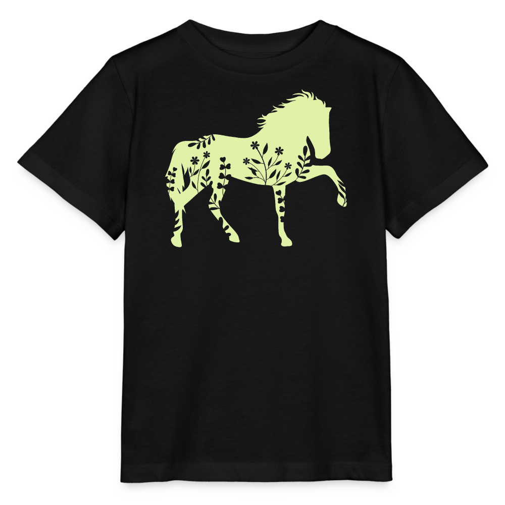 Grünes Blumen Pferd - Kinder Bio T-Shirt - Schwarz